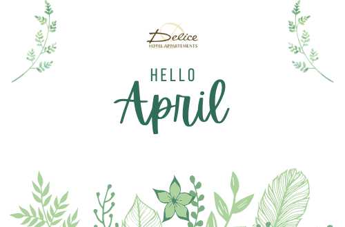 Text reads hello April by Delice hotel in Athens with a white background a green graphic leaves