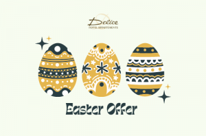 Three easter decorated Easter eggs with blue and yellow colours on a white background. Text reads Estaer offer by Delice Hotel